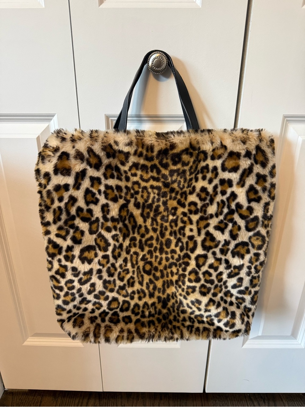 Who What Wear Leopard Faux Fur Tote with Black Handles
